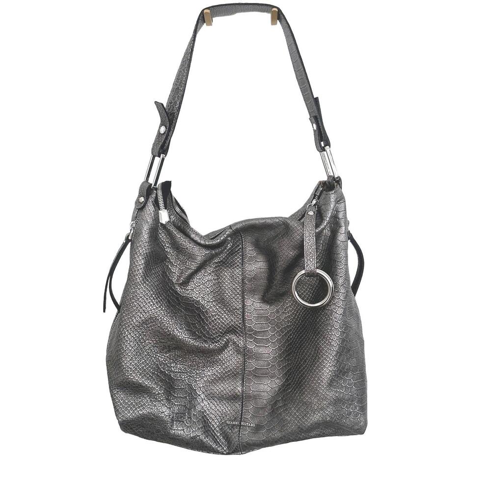 Gianni Notaro Silver Snake Textured 100% Leather Made in Italy Shoulder Bag